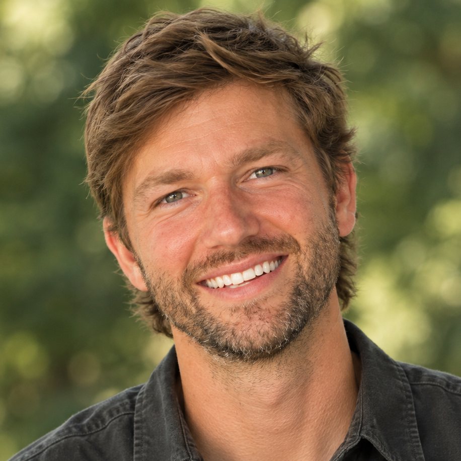 Lucas Bunting smiles outdoors in a dark collared shirt.